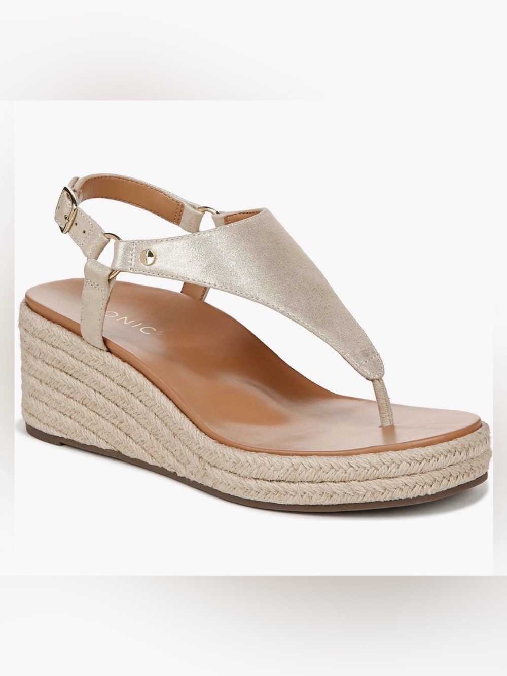 Vionic Kirra Metallic Cream Espadrille Wedge Thong Sandal